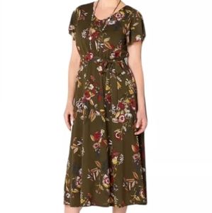 Christopher Banks Khaki Green Floral MIDI Short Sleeve Office Work Church Dress